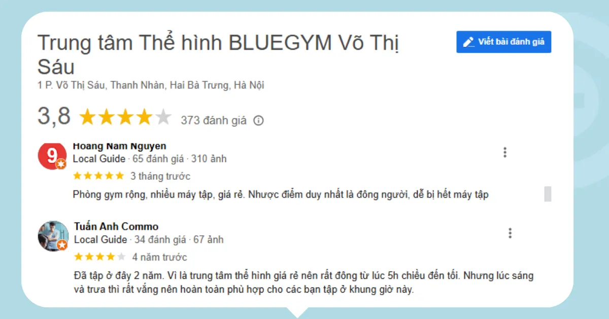 Review của khách hàng về phòng tập Blue Gym