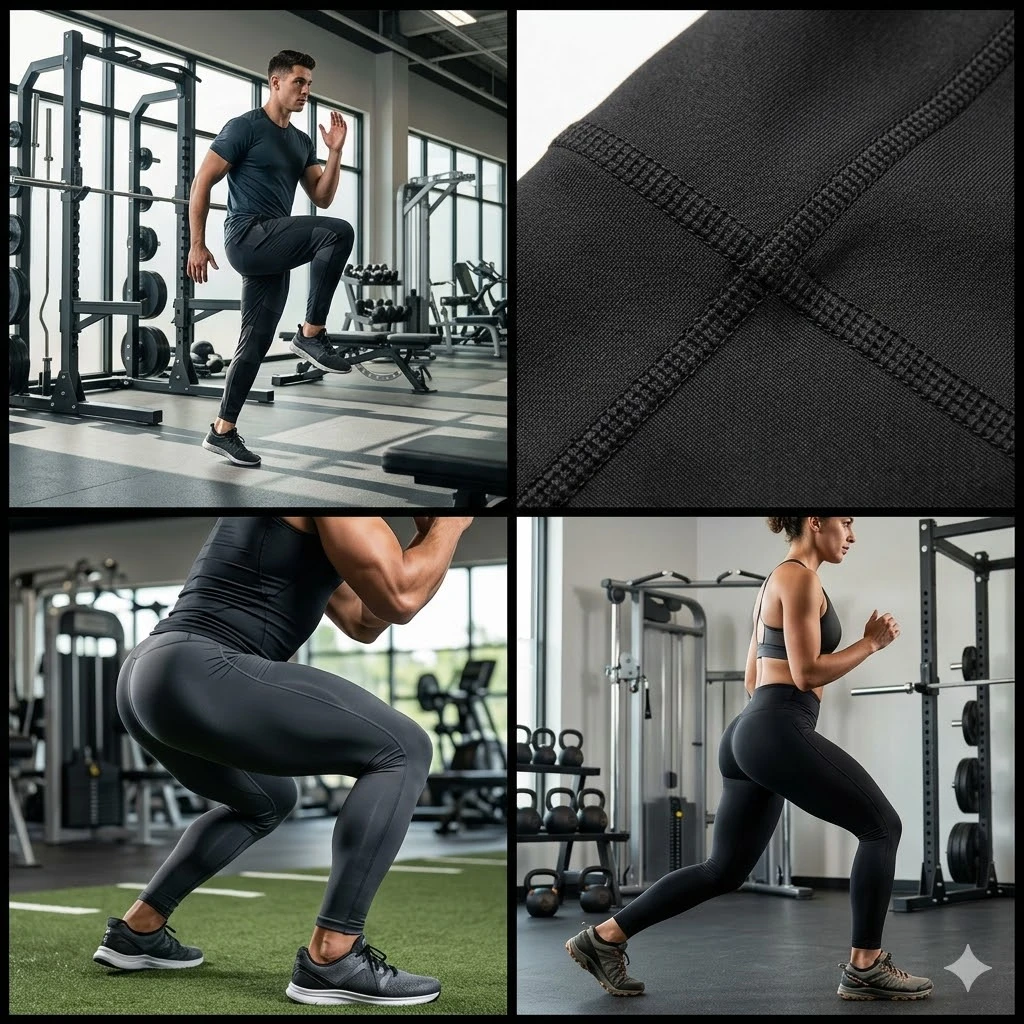 Người đàn ông tập luyện trong phòng gym mặc quần thể thao chuyên dụng chất lượng cao