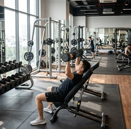 Người tập thể hình đang sử dụng thiết bị chuyên nghiệp tại phòng tập gym Đà Nẵng hiện đại