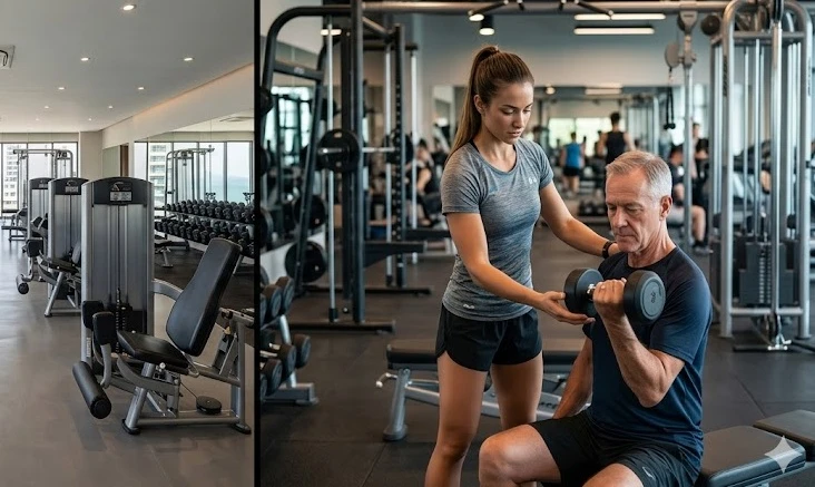Huấn luyện viên chuyên nghiệp đang hướng dẫn hội viên tập luyện tại phòng tập Gym Nha Trang