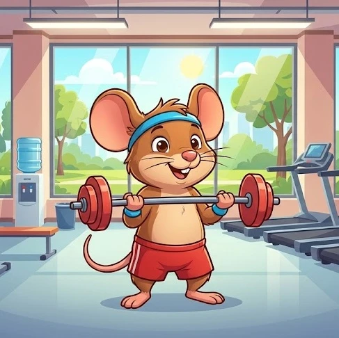 Hình ảnh chuột tập gym hoạt hình hài hước minh họa bài tập thể thao sáng tạo