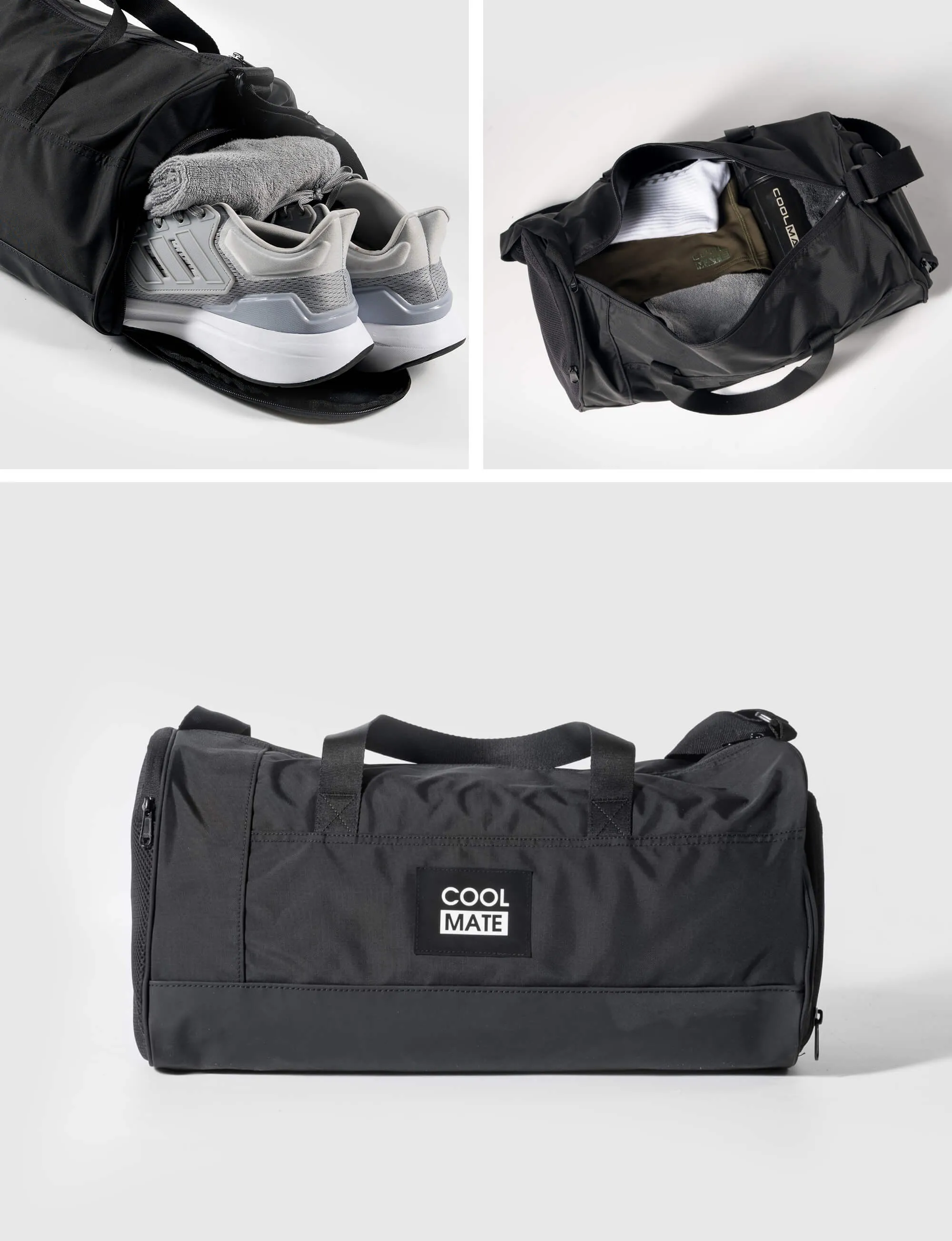 Túi trống tập gym Coolmate màu đen, hiển thị ngăn giày và ngăn chính.
