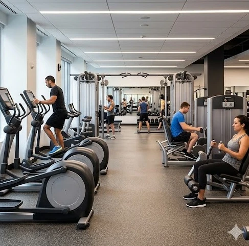 Hình minh họa phòng gym hiện đại với nhiều thiết bị