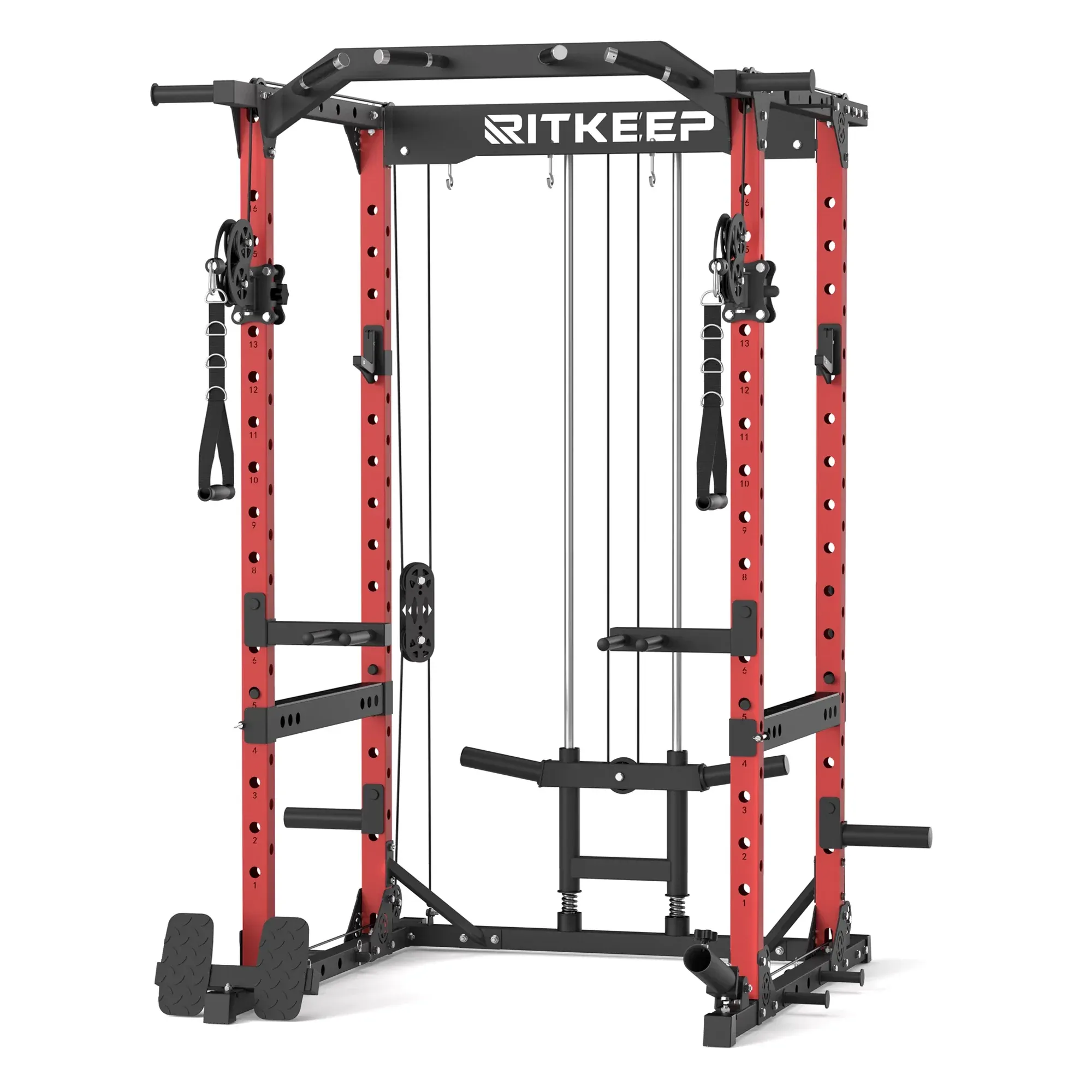 Khung tập đa năng Power Rack trong không gian gym tại nhà với hệ thống pulley hỗ trợ tập luyện toàn thân