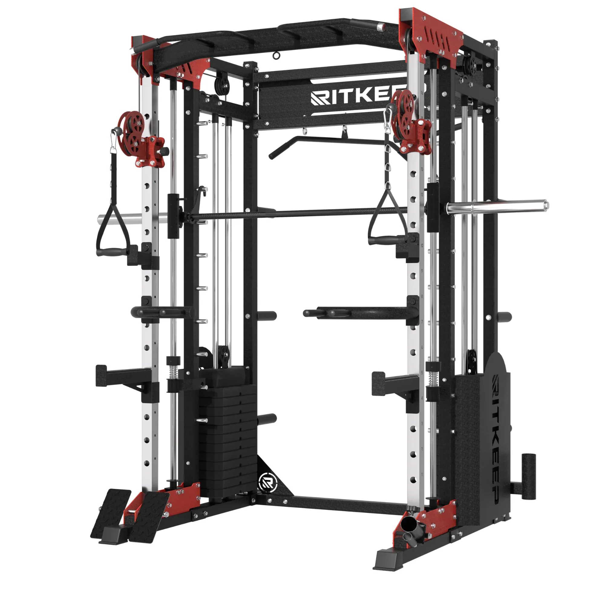 Thiết bị đa năng trong phòng gym gia đình với máy tập chân và hệ thống khung tập luyện hiện đại