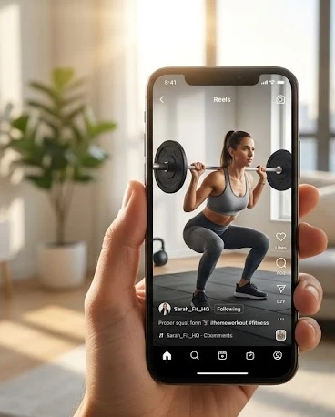 Người dùng xem video tập luyện trên Instagram Reels để cải thiện kỹ thuật thể thao tại nhà