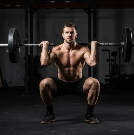 Vận động viên CrossFit thực hiện động tác squat với tạ chuyên dụng giúp tăng cường sức mạnh toàn thân