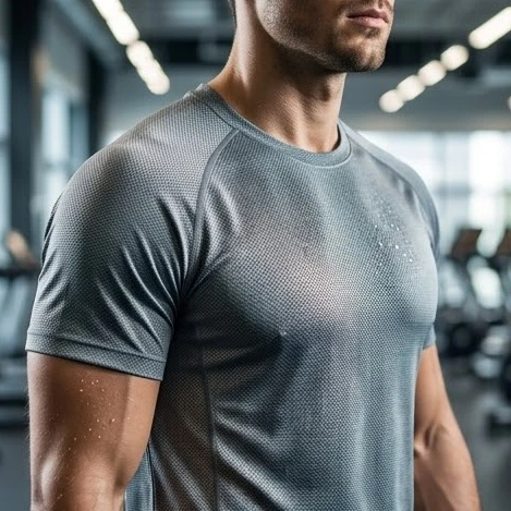 Người đàn ông mặc áo tập gym vải thể thao cao cấp trong phòng tập chuyên nghiệp