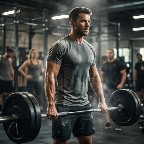 Vận động viên nam tập gym chuyên nghiệp với bộ đồ tập thoáng khí và bền bỉ