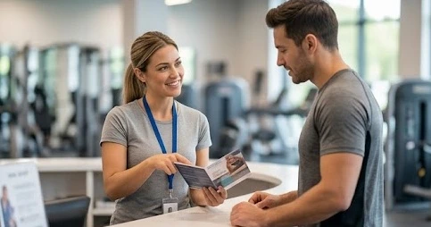Người tập đang tư vấn lựa chọn gói thẻ tập gym phù hợp tại quầy lễ tân hiện đại