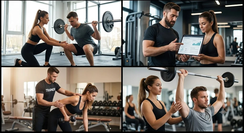 Huấn luyện viên cá nhân đang tận tâm hướng dẫn học viên thực hiện bài tập tại phòng gym