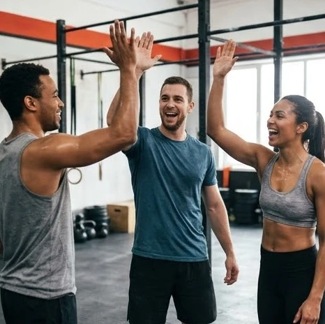 Nhóm người tập CrossFit đang cổ vũ lẫn nhau trong buổi tập luyện đầy năng lượng tại phòng gym
