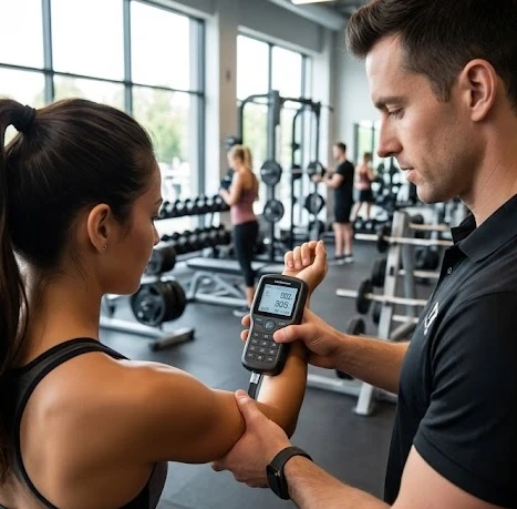 Người tập luyện thực hiện bài kiểm tra sức khỏe cơ bản tại câu lạc bộ thể hình hiện đại
