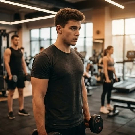 Người mới bắt đầu tập luyện thể hình với tạ đơn trong phòng gym chuyên nghiệp