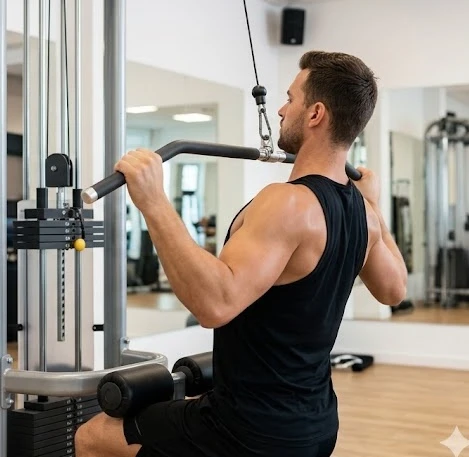 Người tập đang thực hiện bài tập lưng xô Lat Pulldown chuẩn kỹ thuật tại phòng gym