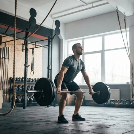 Người tập đang thực hiện bài tập functional fitness cường độ cao trong phòng tập CrossFit chuyên nghiệp