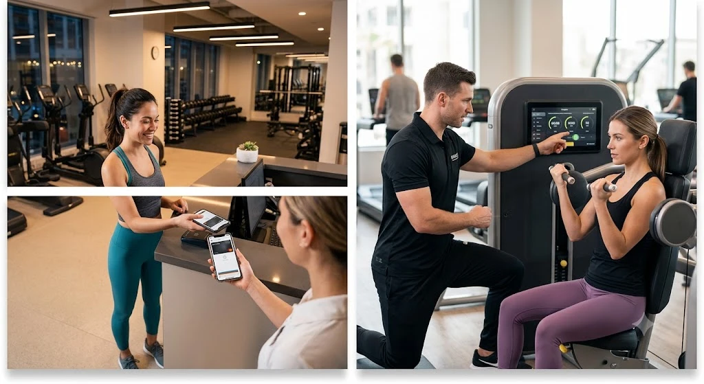 Người tập gym linh hoạt sử dụng thẻ tập định kỳ hàng tháng tại phòng tập hiện đại