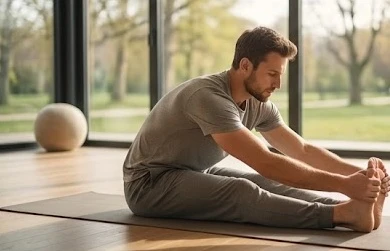 Vận động viên đang thực hiện giãn cơ nhẹ nhàng để phục hồi cơ thể sau buổi tập