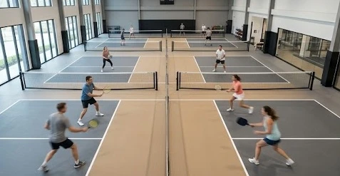 Người chơi tập luyện pickleball và cầu lông tại sân thể thao chuyên nghiệp hiện đại
