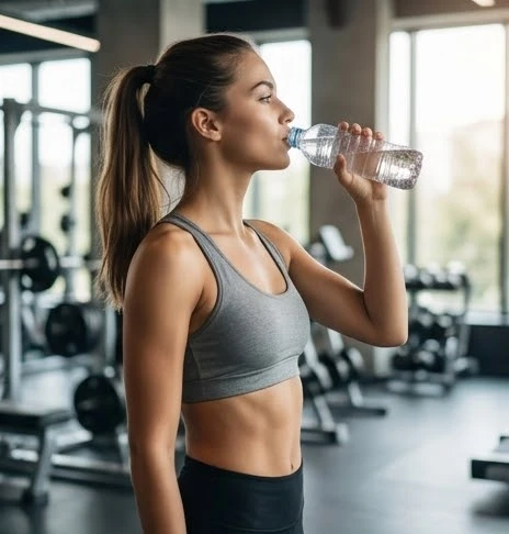 Cô gái tự tin tạo dáng chụp ảnh gym nữ với bình nước trong phòng tập thể hình chuyên nghiệp